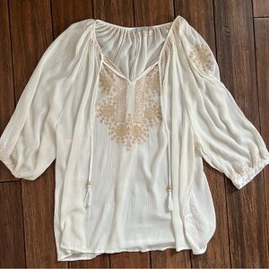 C&C California 1X Boho Embroidered Lightweight Top Cream Festival Beachy Cottage